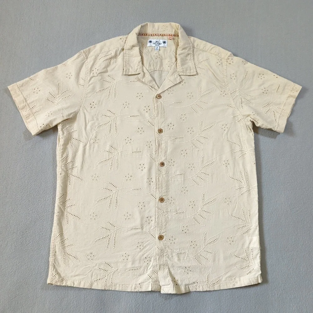 Free Planet Mens Cream Eyelet Embroidered Cotton Short Sleeve Shirt Medium - Picture 2 of 8